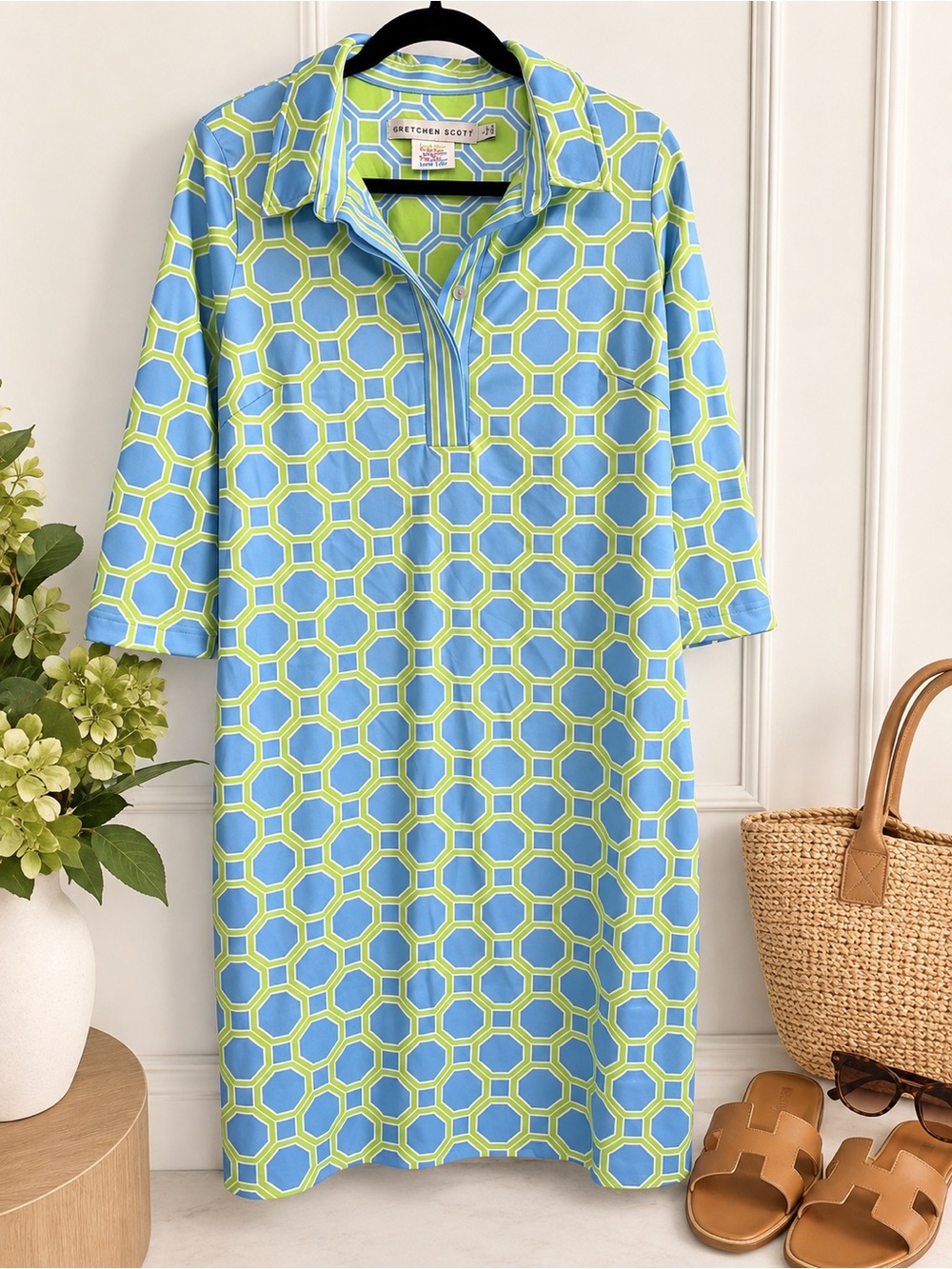Gretchen Scott Blue Lime Green Geometric Print Tunic Dress Size L